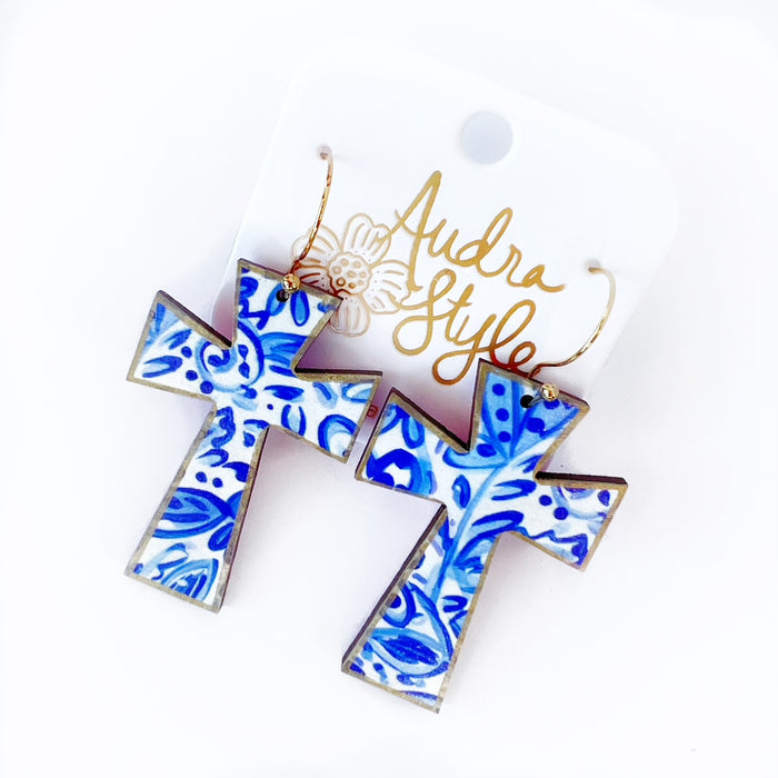 Cross Dangle Earring- Blue and White Floral Print