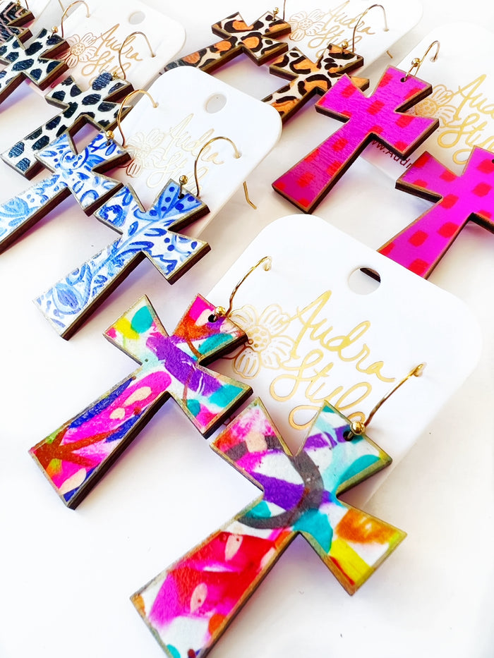 Cross Dangle Earring- Blue and White Floral Print
