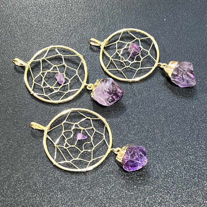 Dreamcatcher Pendant (Amethyst Crystal)(Gold Plated) Gemstone Jewelry Necklace Supply
