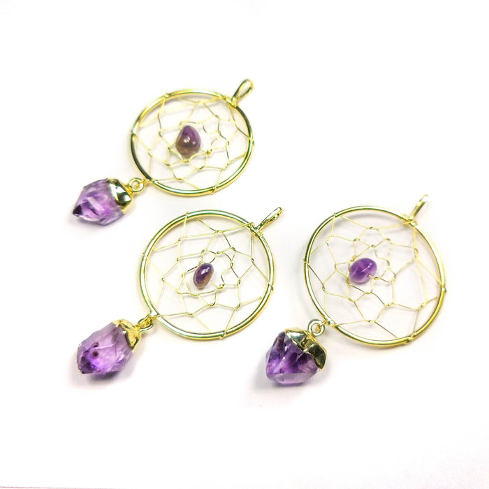 Dreamcatcher Pendant (Amethyst Crystal)(Gold Plated) Gemstone Jewelry Necklace Supply