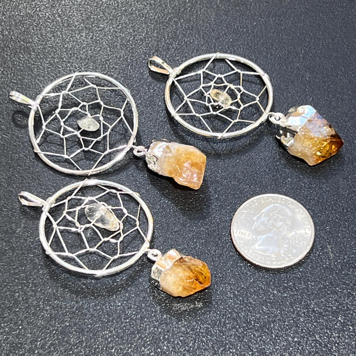 Dreamcatcher Pendant (Citrine Crystal)(Silver Plated) Gemstone Jewelry Necklace Supply