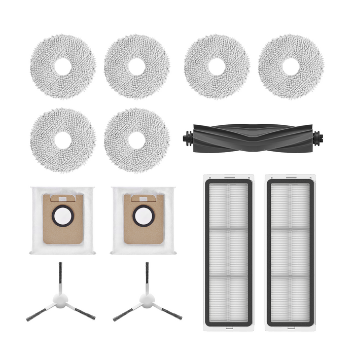 Dreame L10s Ultra accessory kit with mop pads, brushes, filters, and dust bags.