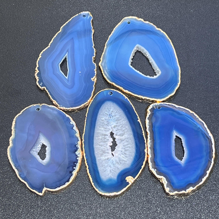 Drilled Hole Blue Agate Slices (2mm Hole)(Gold Plated Edges) Gemstone Decor Craft Supplies