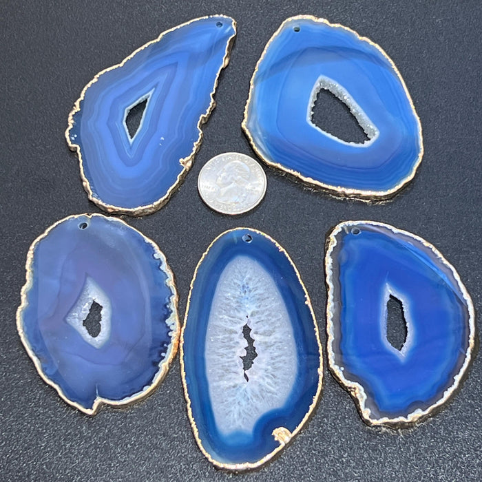 Drilled Hole Blue Agate Slices (2mm Hole)(Gold Plated Edges) Gemstone Decor Craft Supplies