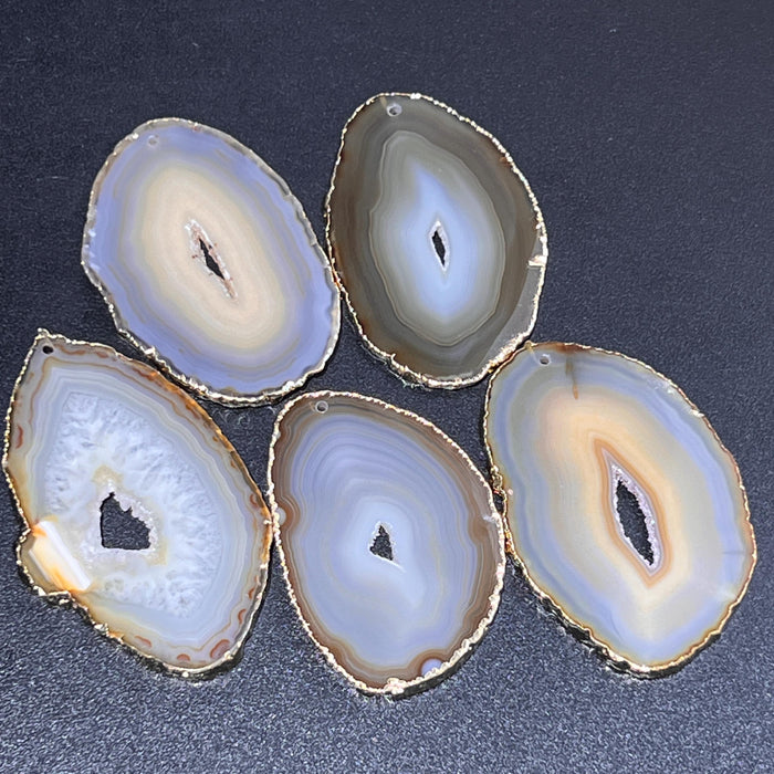 Drilled Hole Natural Gray Brown Agate Slice (2mm Hole)(Gold Plated Edges) Wholesale