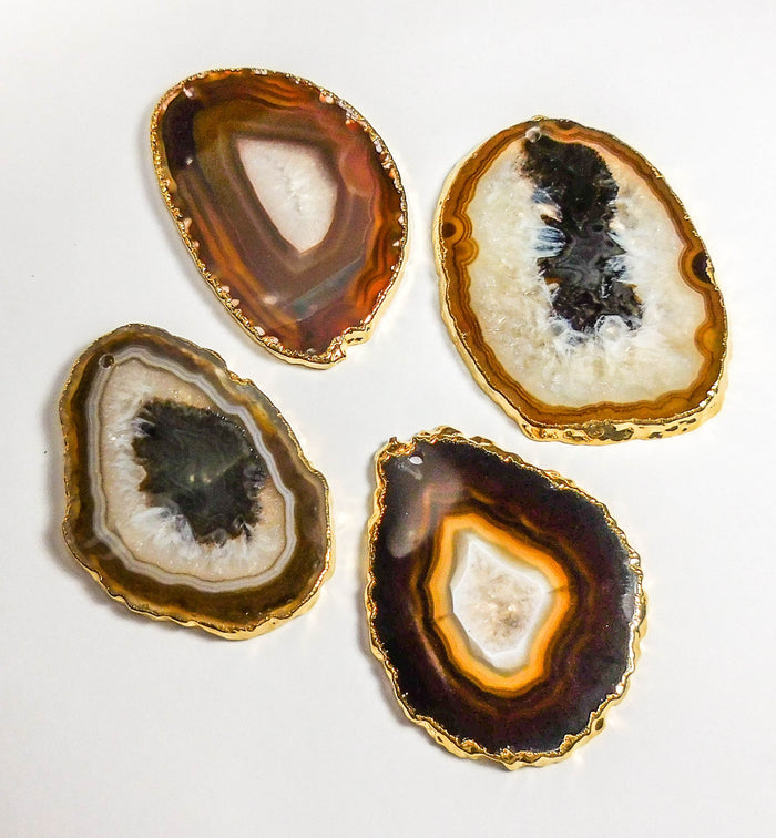 Drilled Hole Natural Gray Brown Agate Slice (2mm Hole)(Gold Plated Edges) Wholesale