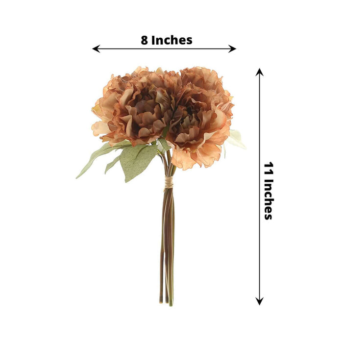 Artificial peony bouquet in warm tones, 8x11 inches.