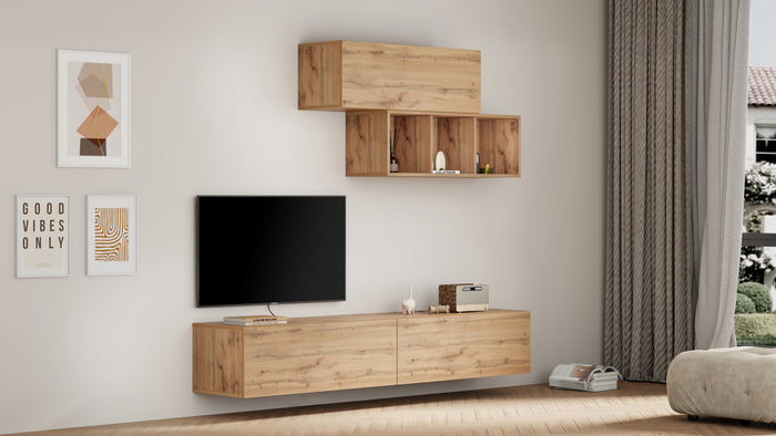 Easy Wall TV Unit with Flap Door, Rustic Oak