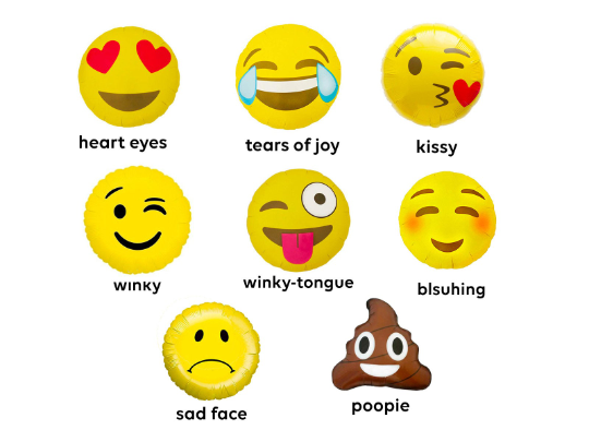 A set of emoji-themed balloons, including various facial expressions and objects in vibrant colors.