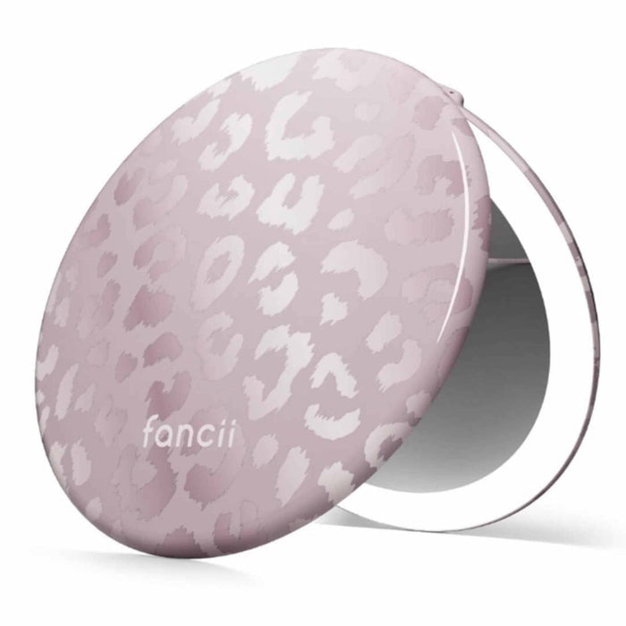 FANCII Taylor 5-inch LED Compact Mirror in Cosmic Leopard pink pattern with open case
