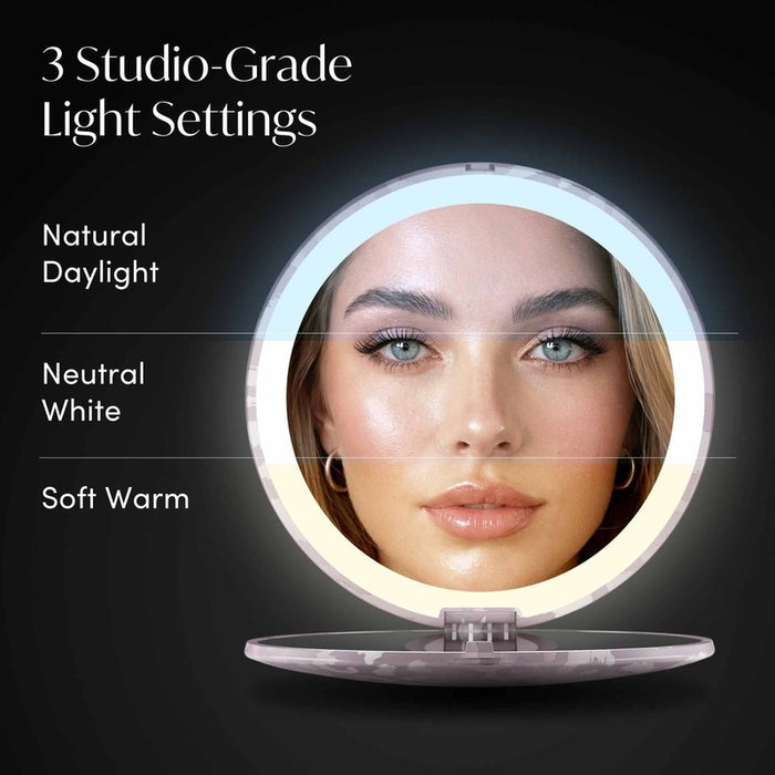 LED compact mirror with 3 studio-grade light settings: natural daylight, neutral white, and soft warm