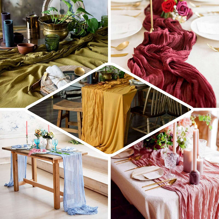 Colorful table runners in various settings with decorative elements.