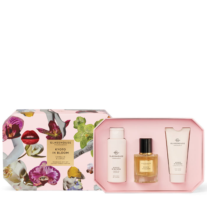 Glashouse Kyoto in Bloom beauty set with floral design on a white background