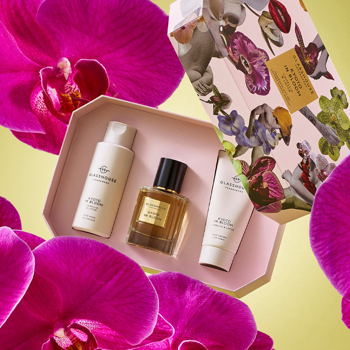 Cosmetic products with a floral design on a yellow background