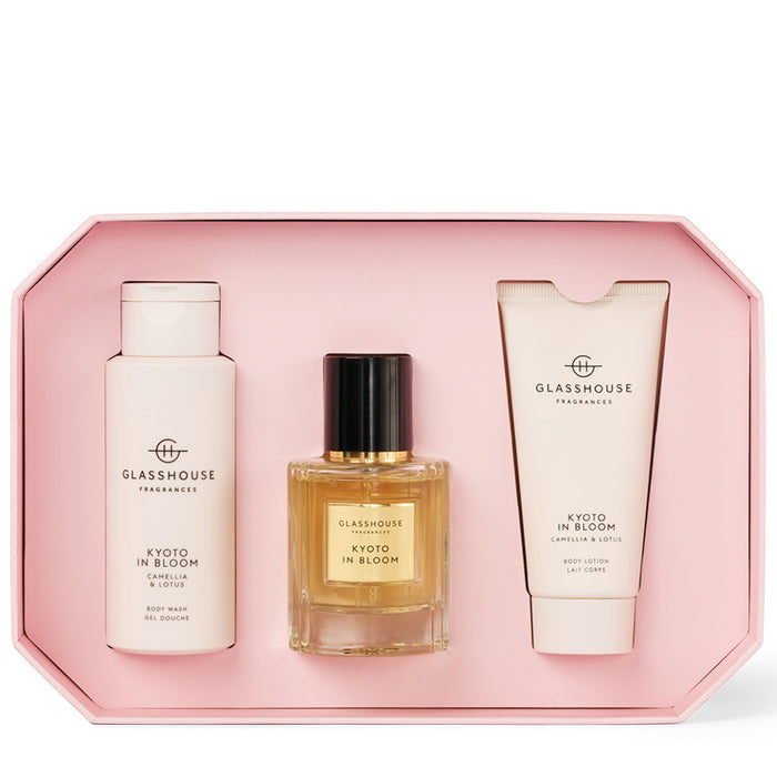 Glasshouse Fragrances Kyoto in Bloom set with perfume, lotion, and body wash in a pink box.