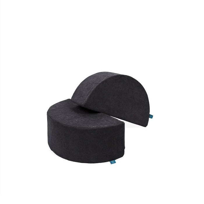 Go Coconut Half-Moon 2 Pack in Charcoal Chill showing the two curved foam modules with Durable Micro Velveteen covers, each 30x15x10in, made in Canada with lifetime warranty