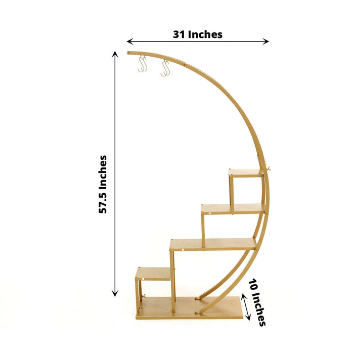 Gold metal plant stand with curved design and five shelves, dimensions 31x57.5x10 inches.