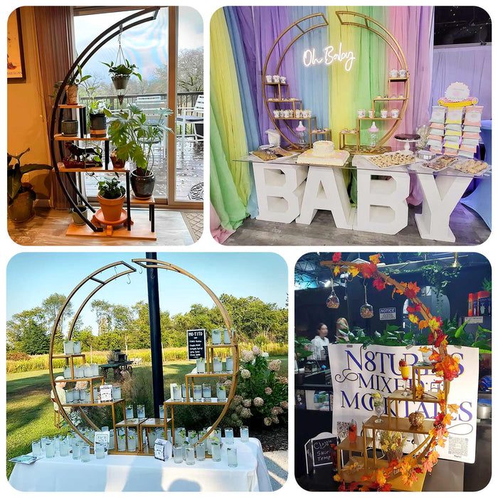 Decorative display stands with plants and products in various settings.