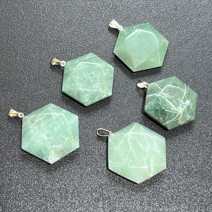 Green Aventurine Hexagon Faceted Crystal Pendant (Silver Bail)
