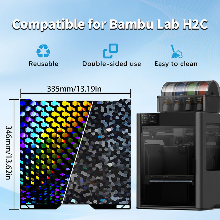 IdeaFormer Rainbow Hex Glow+Water Cube PEG Spring Steel Build Plate, 335×346mm For Bambu Lab H2C