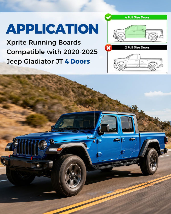 Jeep Gladiator JT Running Boards Dual Side Steps Wheel-to-Wheel Nerf Bars for 2020-2026 Gladiator JT 4-Door, Heavy Duty Steel, Matte Black