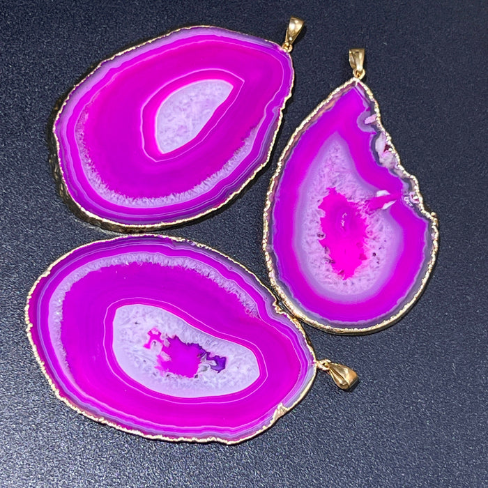 Large Pink Agate Slice Crystal Pendant (Gold Plated) Wholesale