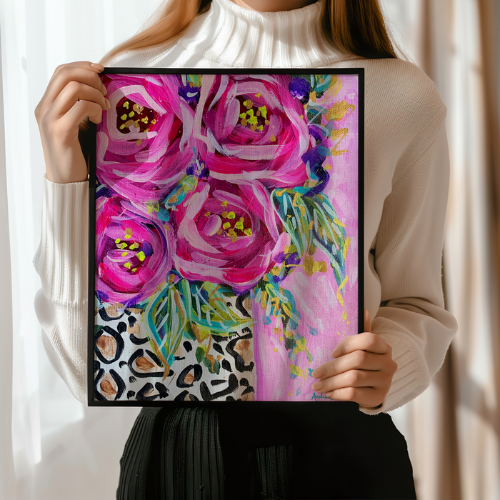 Leopard Rose Bouquet Art Print | Maximalist Floral Wall Art | Pink Decor