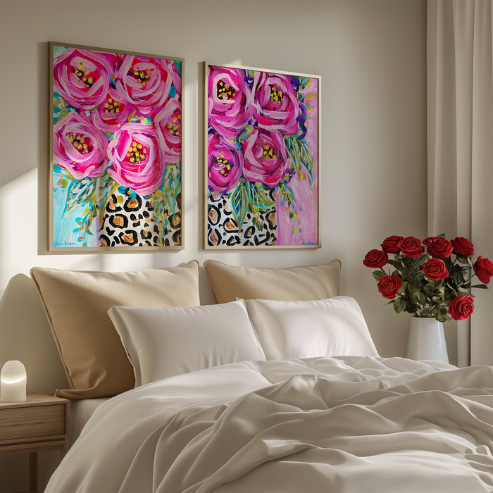Leopard Rose Bouquet Art Print | Maximalist Floral Wall Art | Pink Decor