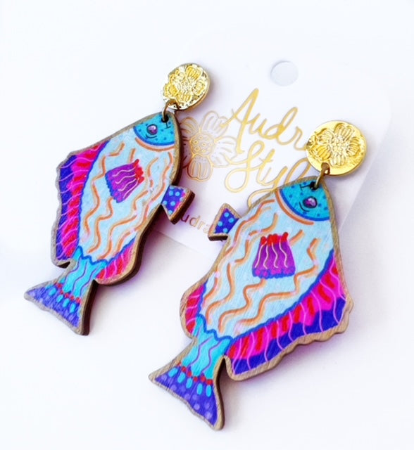Light Blue Colorful Fish Dangle Earring Coastal Beach Spring Summer