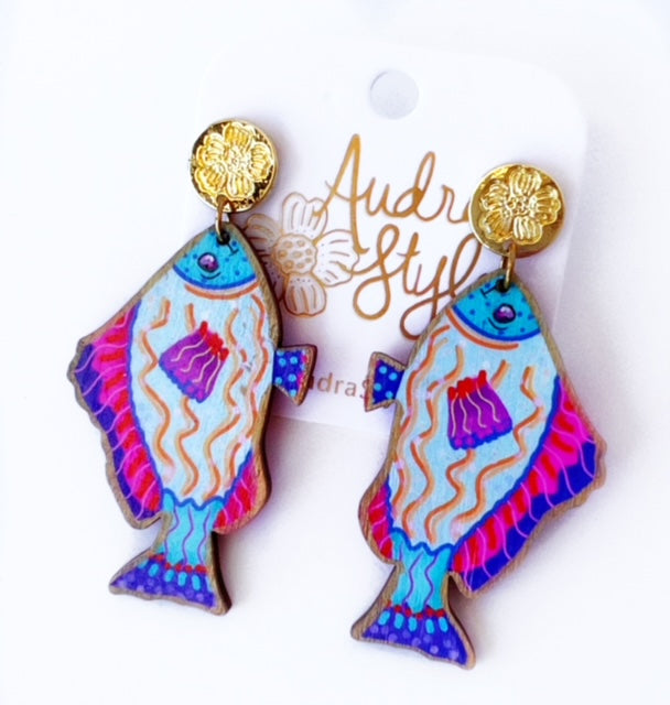 Light Blue Colorful Fish Dangle Earring Coastal Beach Spring Summer