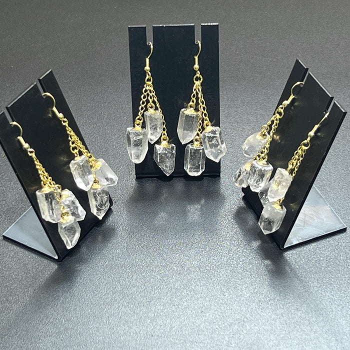Long Quartz Triple Crystal Earrings Pair (Gold Stainless Hooks)
