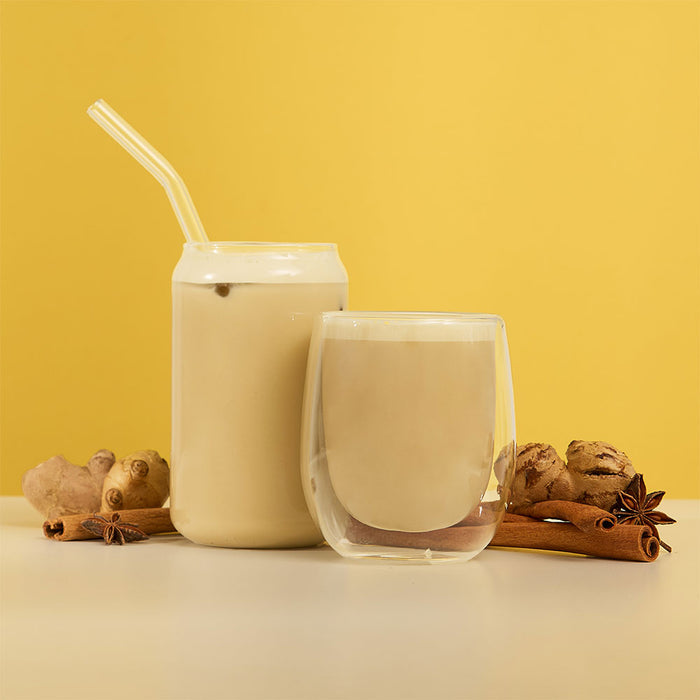 maple chai matcha hot & iced latte with chai spices & ginger around