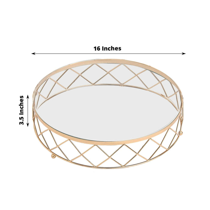 Gold decorative tray with mirror surface, 16 inches wide and 3.5 inches high.