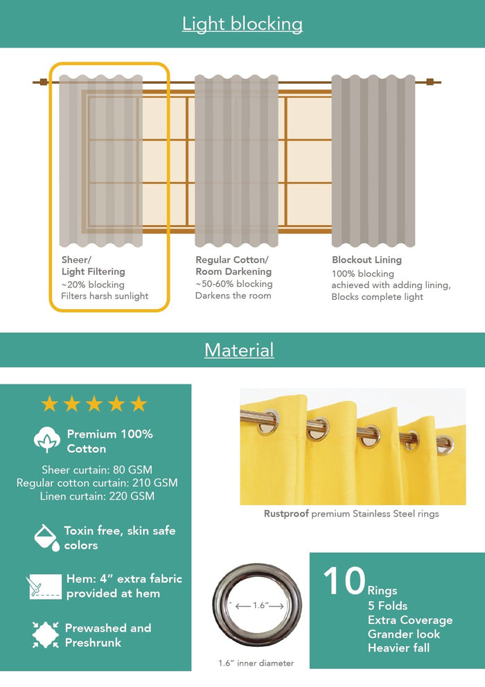 Mirage 100% cotton geometric sheer curtain for living room - Light filtering - Grey - Single - Single Piece