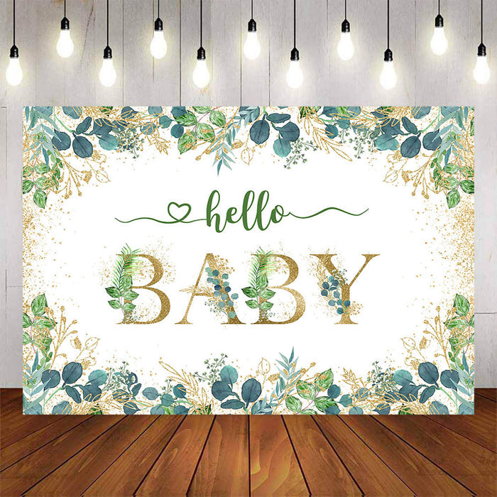 Mocsicka Hello Baby Green Leaves Golden Dots Baby Shower Banners-Mocsicka Party