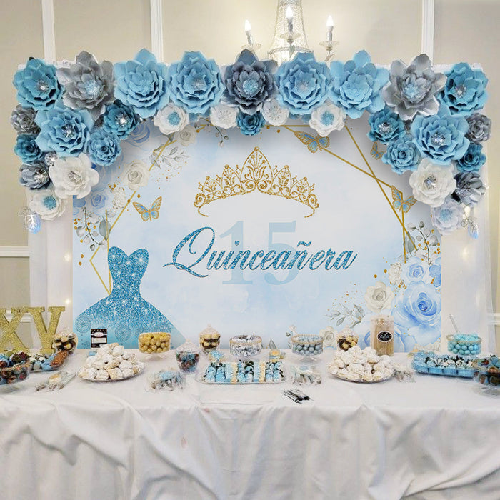 Mocsicka Quinceanera Backdrop Sweet 15 Golden Crown Banners-Mocsicka Party