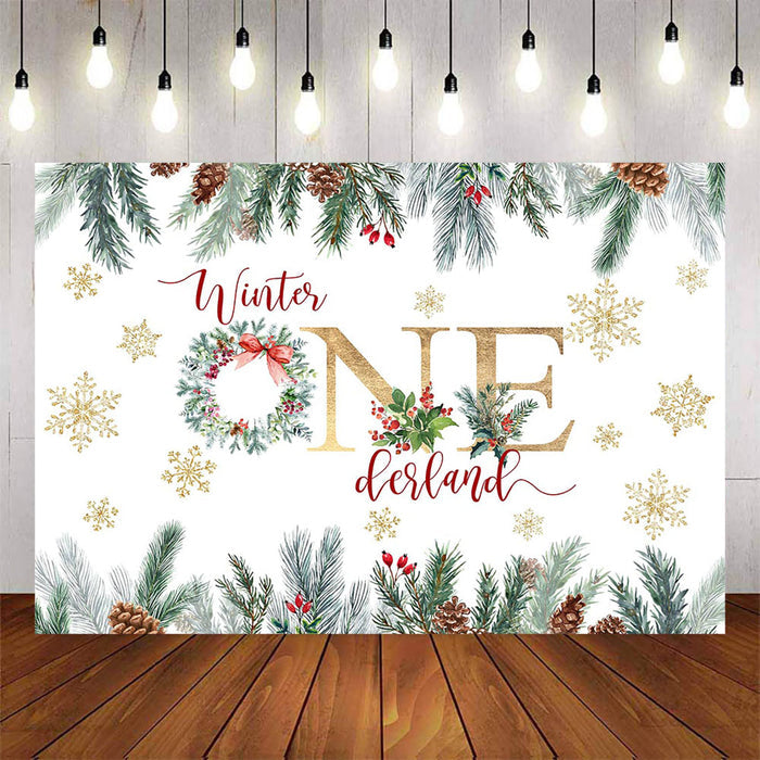 Mocsicka Winter Onederland Pine and Snowflakes Birthday Backdrop-Mocsicka Party