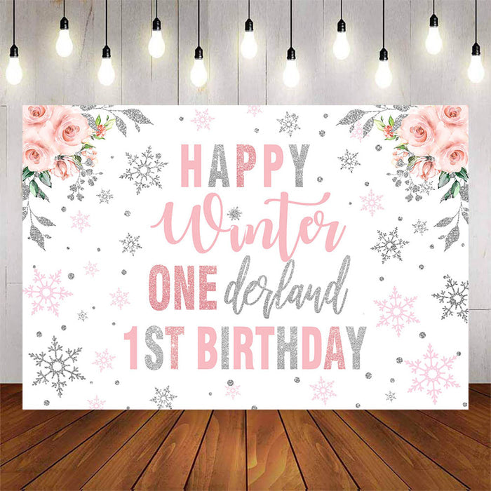 Mocsicka Winter Onederland Snowflakes Happy Birthday Backdrop-Mocsicka Party