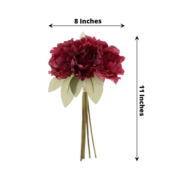 Artificial burgundy peony bouquet, 8x11 inches, on white background.