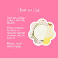 Instructions on how to use a shower steamer with a pink background