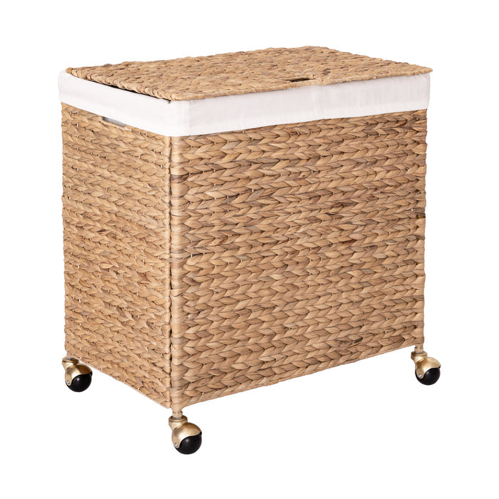 Natural Water Hyacinth Handwoven Lidded Double Laundry Hamper with Gold Sphere Casters