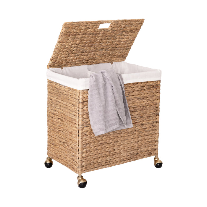 Natural Water Hyacinth Handwoven Lidded Double Laundry Hamper with Gold Sphere Casters