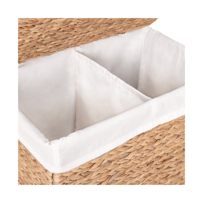 Natural Water Hyacinth Handwoven Lidded Double Laundry Hamper with Gold Sphere Casters