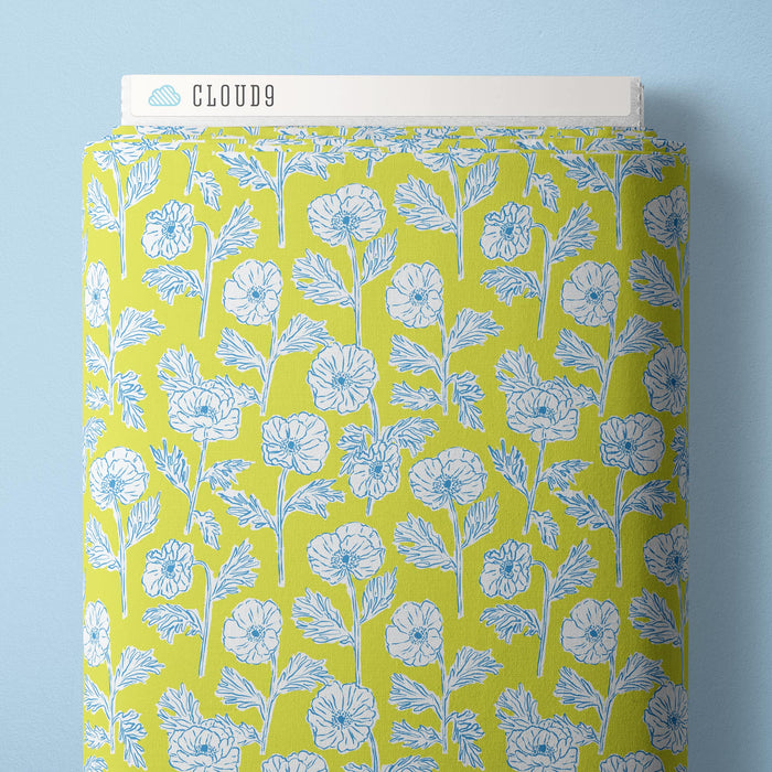 Painted Poppies - Lime/Blue - Nice Nice - Emily Taylor - Cloud 9 Fabrics - Poplin - Simplifi Fabric