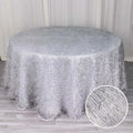 Silver sheer tablecloth with textured finish, featuring a round shape.