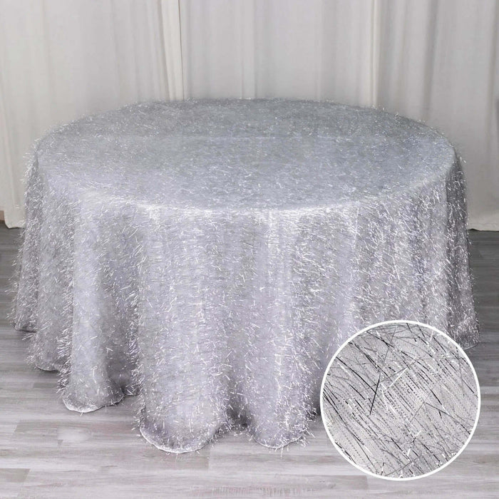 Silver sheer tablecloth with textured finish, featuring a round shape.
