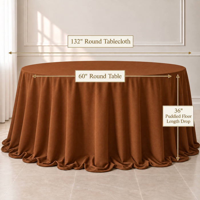 Cinnamon brown round tablecloth with seamless finish on a 60" table.