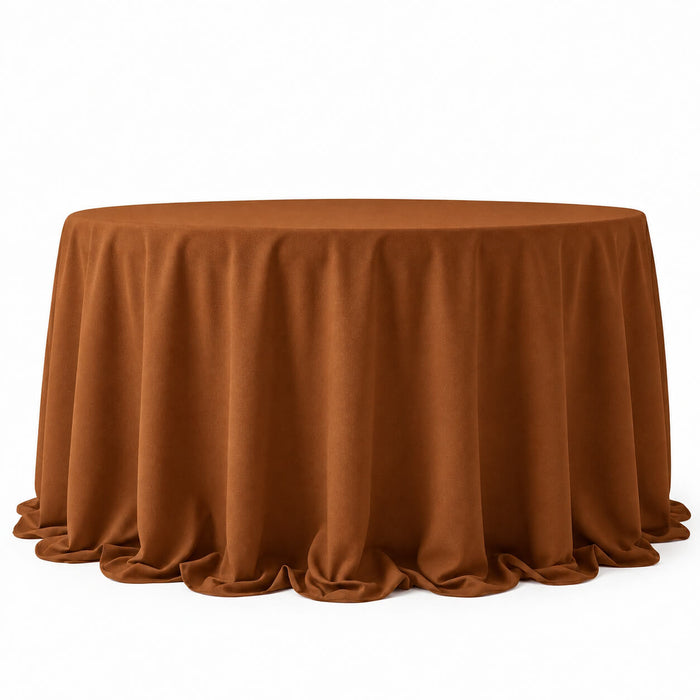 Cinnamon brown seamless round tablecloth, 132 inches in diameter.