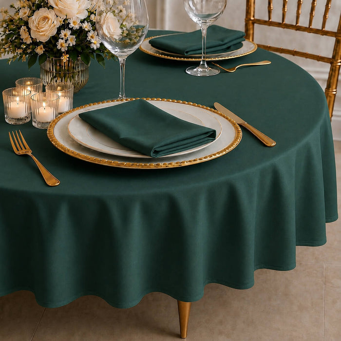 Hunter Emerald Green Round Tablecloth on a dining table.