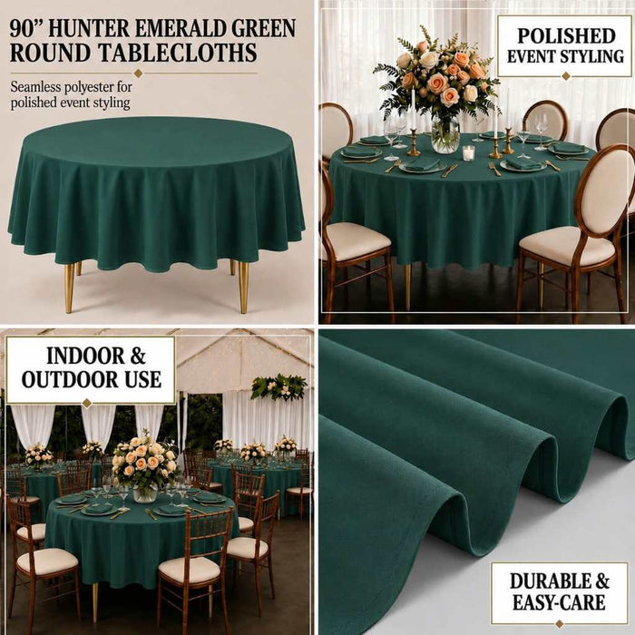 A 90-inch round tablecloth in hunter emerald green shown in a four-panel collage. The top-left panel shows the tablecloth draped over a round table with gold legs on a white background.